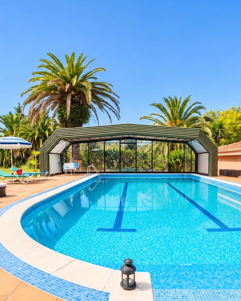 Piscina rodeada de palmeras y jardín en una vivienda de La Bilbaina